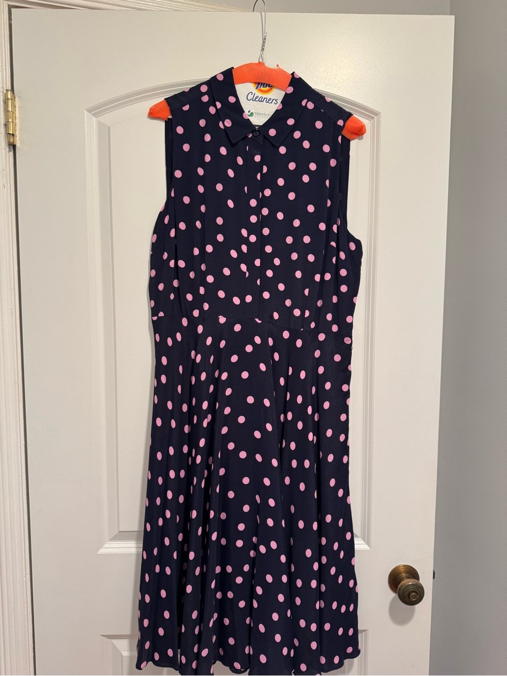 Sleeveless Navy Dress with Pink Polka Dots